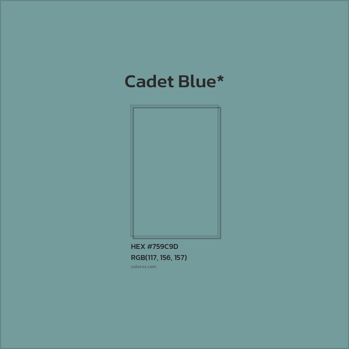 #759C9D hex color. RGB, RYB, CMYK, HSL, HSV codes and color conversions. Matching color names, palettes, paints.