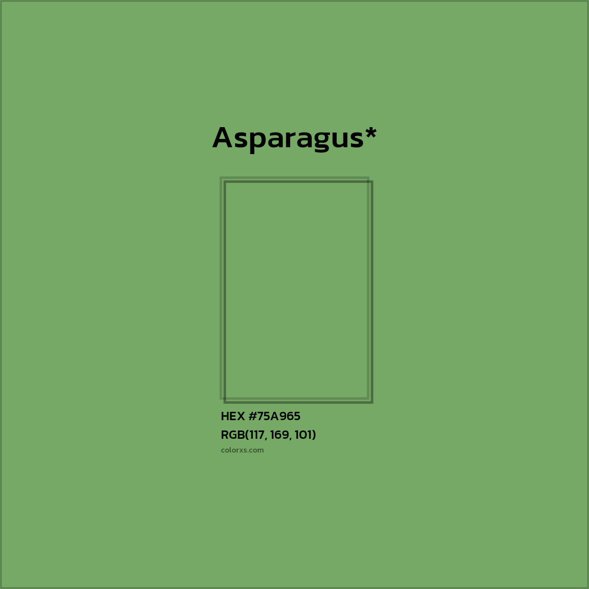 #75A965 hex color. RGB, RYB, CMYK, HSL, HSV codes and color conversions. Matching color names, palettes, paints.