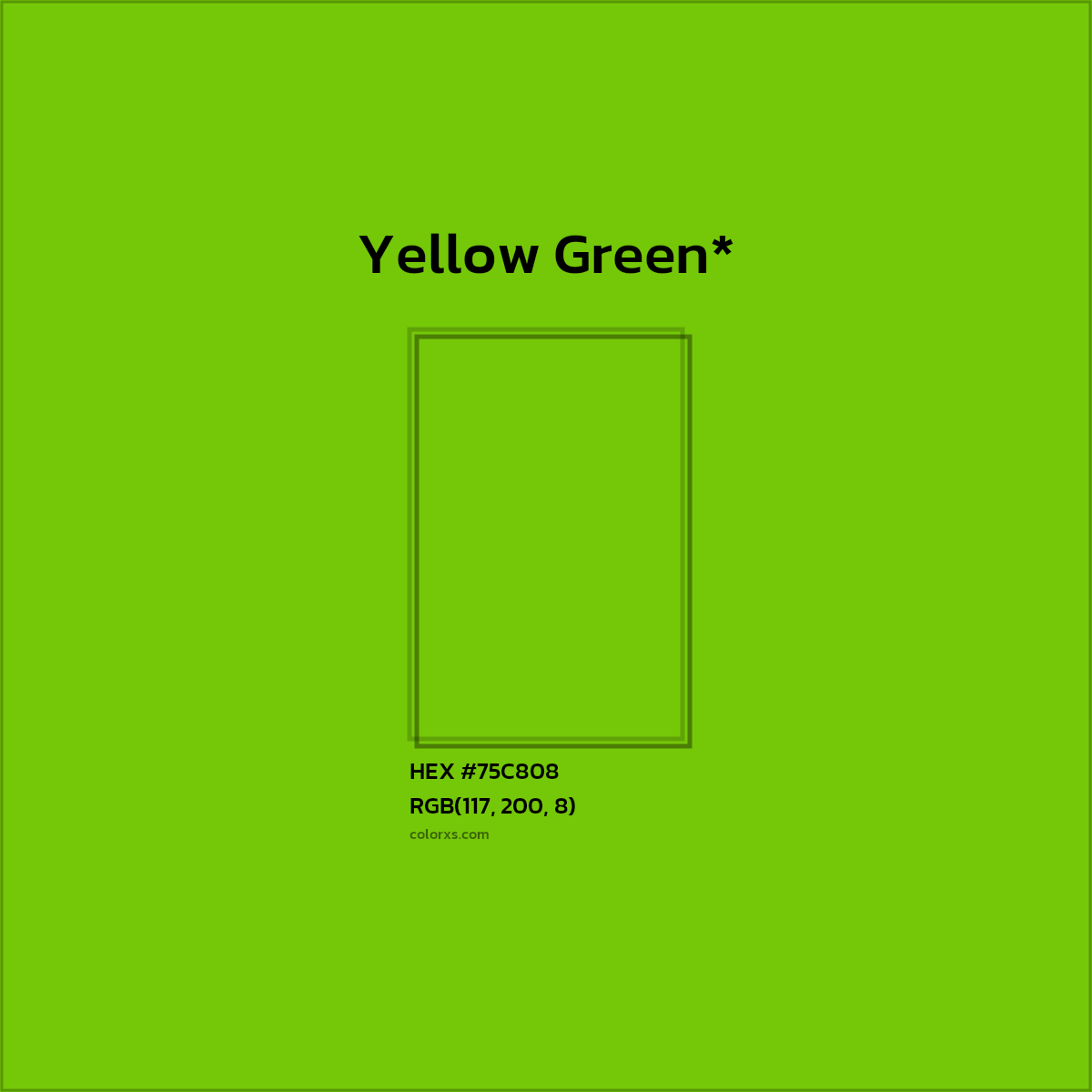 #75C808 hex color. RGB, RYB, CMYK, HSL, HSV codes and color conversions. Matching color names, palettes, paints.