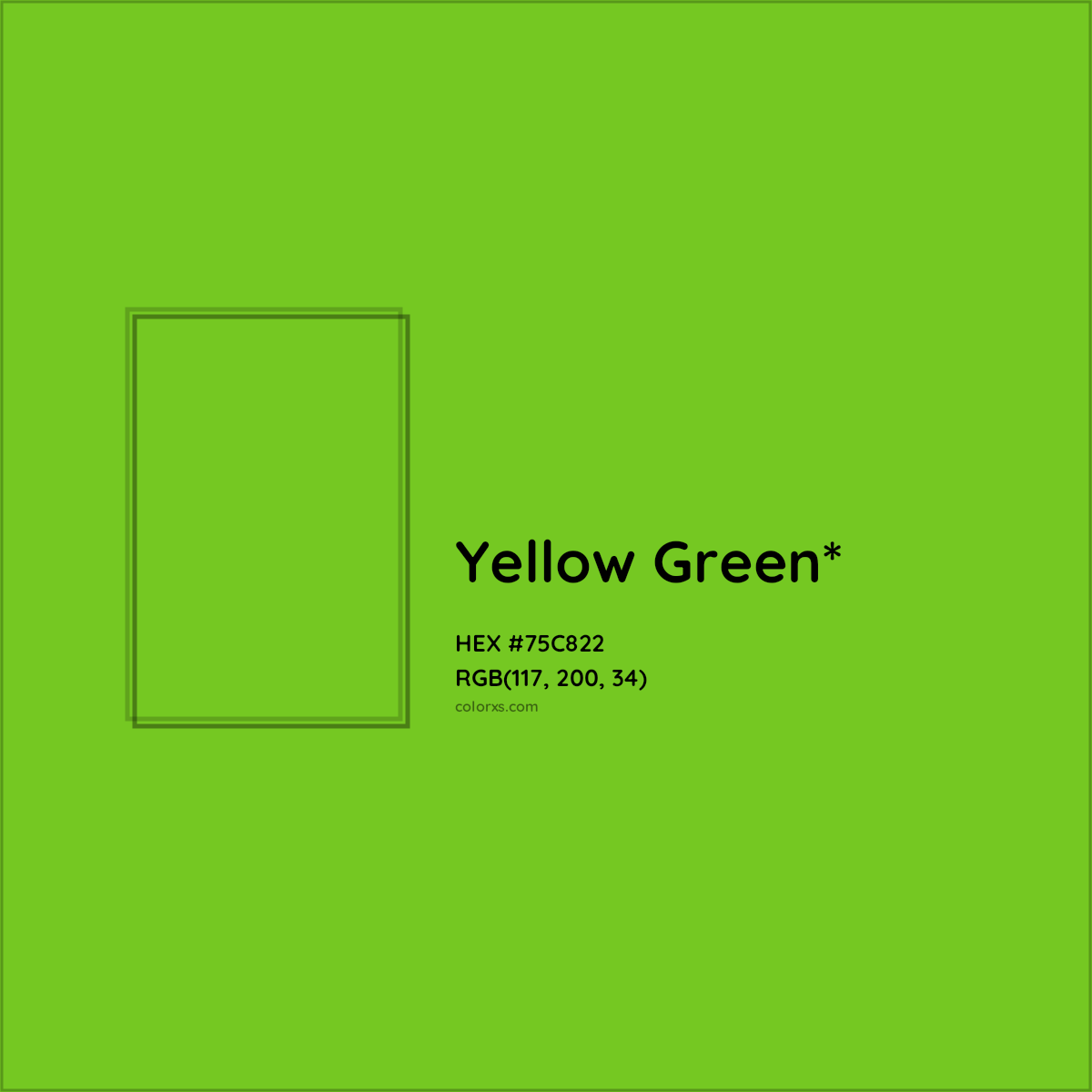 #75C822 hex color. RGB, RYB, CMYK, HSL, HSV codes and color conversions. Matching color names, palettes, paints.
