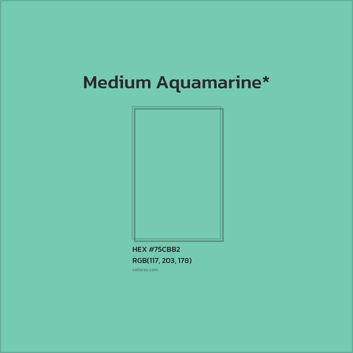 #75CBB2 hex color. RGB, RYB, CMYK, HSL, HSV codes and color conversions. Matching color names, palettes, paints.