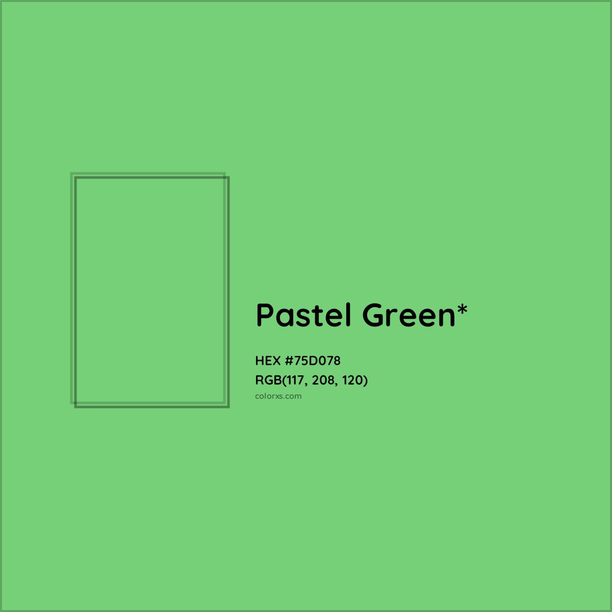 #75D078 hex color. RGB, RYB, CMYK, HSL, HSV codes and color conversions. Matching color names, palettes, paints.