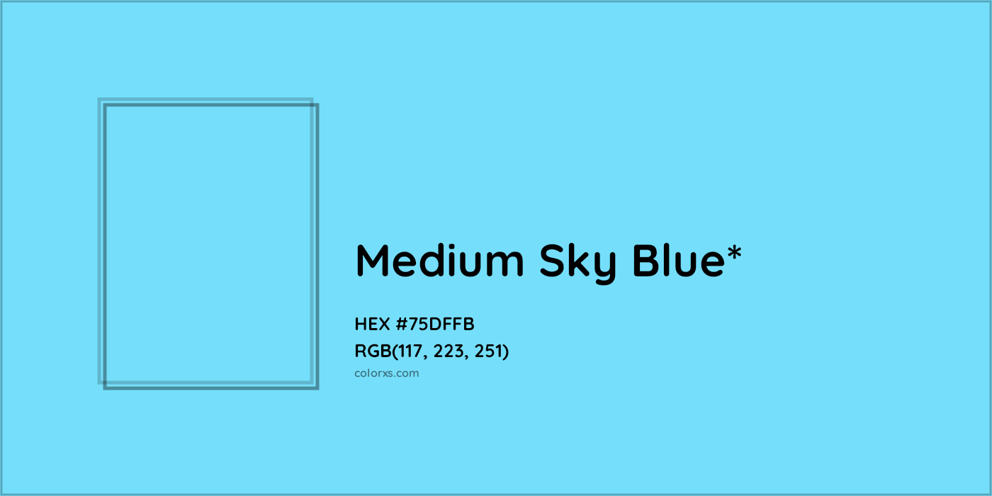 #75DFFB hex color. RGB, RYB, CMYK, HSL, HSV codes and color conversions. Matching color names, palettes, paints.