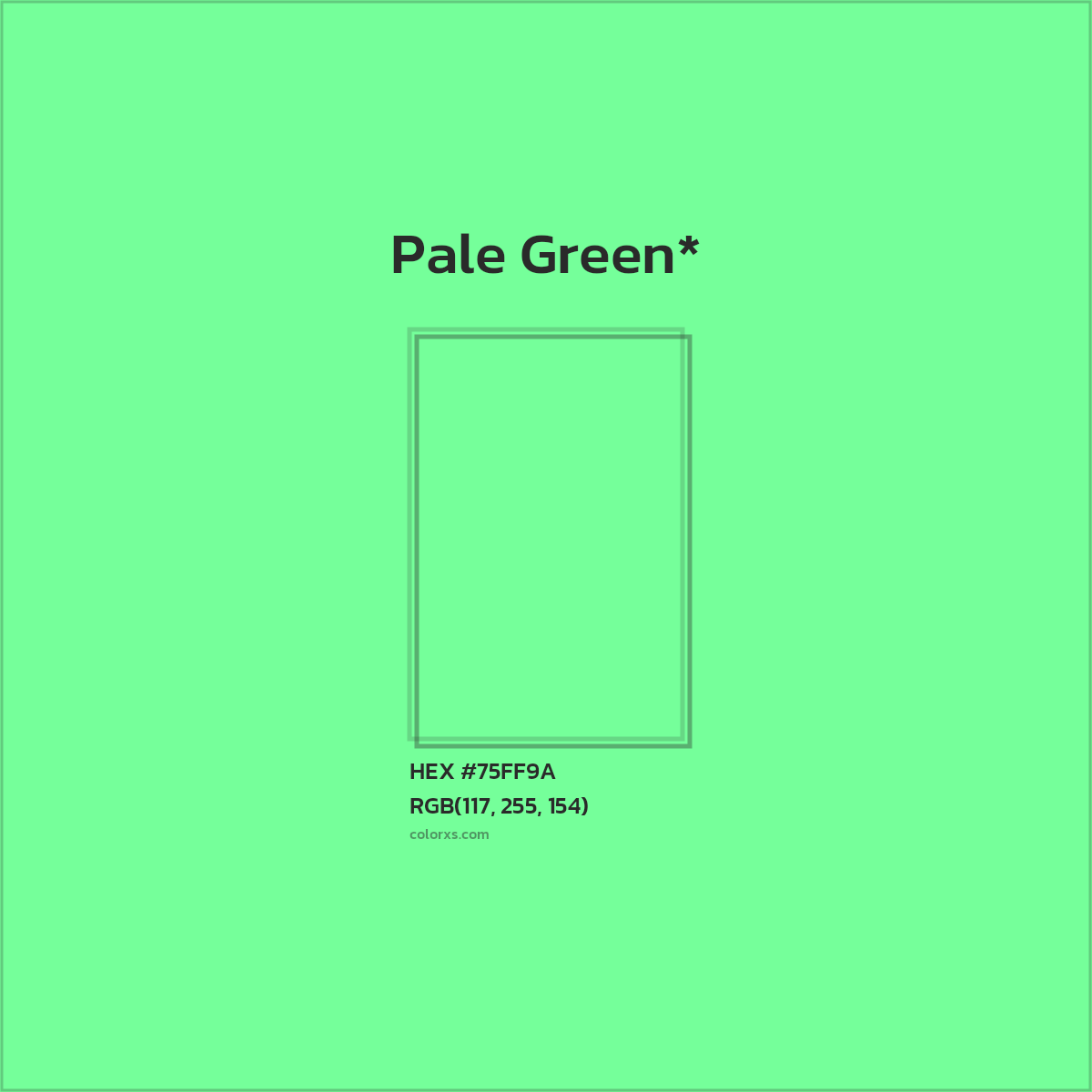 #75FF9A hex color. RGB, RYB, CMYK, HSL, HSV codes and color conversions. Matching color names, palettes, paints.