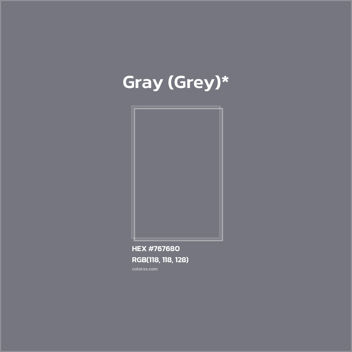 #767680 hex color. RGB, RYB, CMYK, HSL, HSV codes and color conversions. Matching color names, palettes, paints.