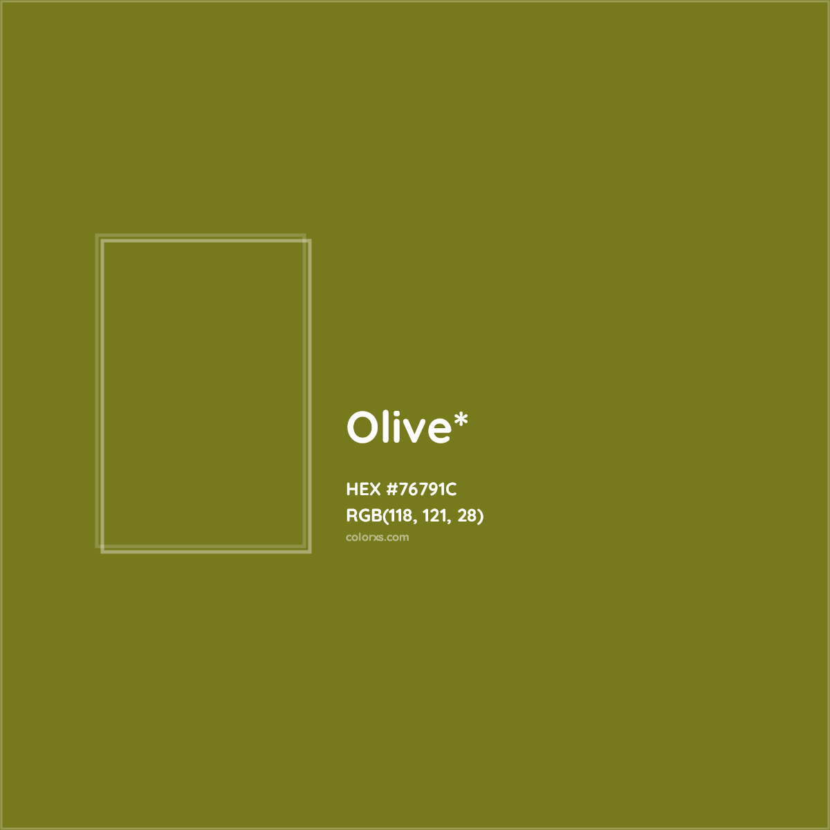 #76791C hex color. RGB, RYB, CMYK, HSL, HSV codes and color conversions. Matching color names, palettes, paints.
