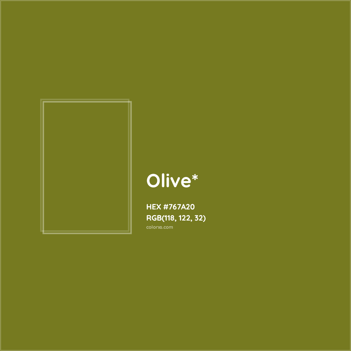 #767A20 hex color. RGB, RYB, CMYK, HSL, HSV codes and color conversions. Matching color names, palettes, paints.
