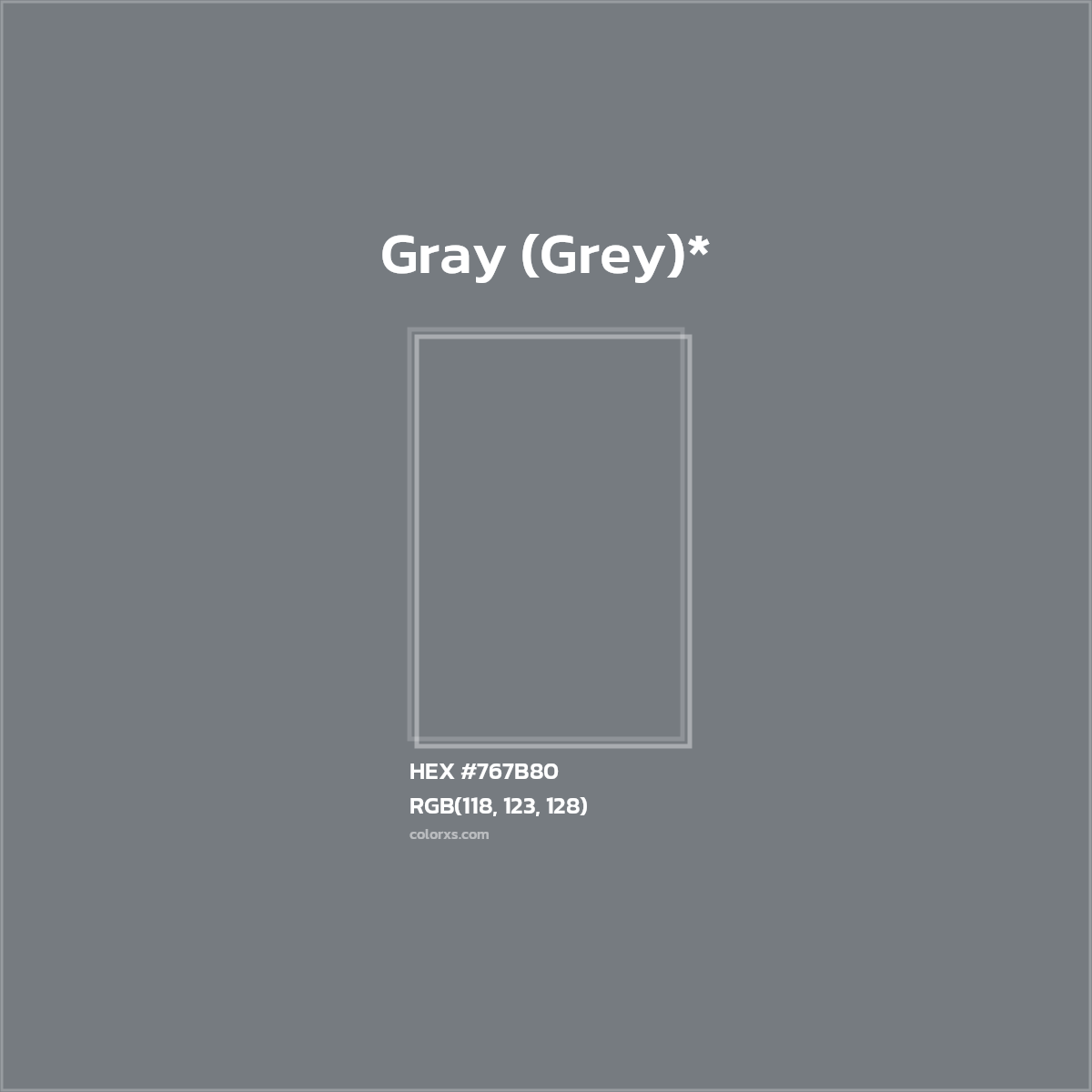 #767B80 hex color. RGB, RYB, CMYK, HSL, HSV codes and color conversions. Matching color names, palettes, paints.