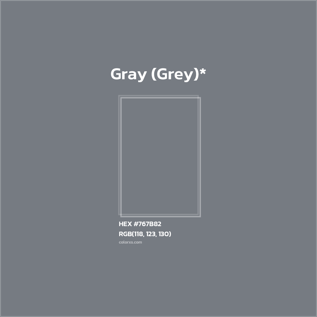 #767B82 hex color. RGB, RYB, CMYK, HSL, HSV codes and color conversions. Matching color names, palettes, paints.