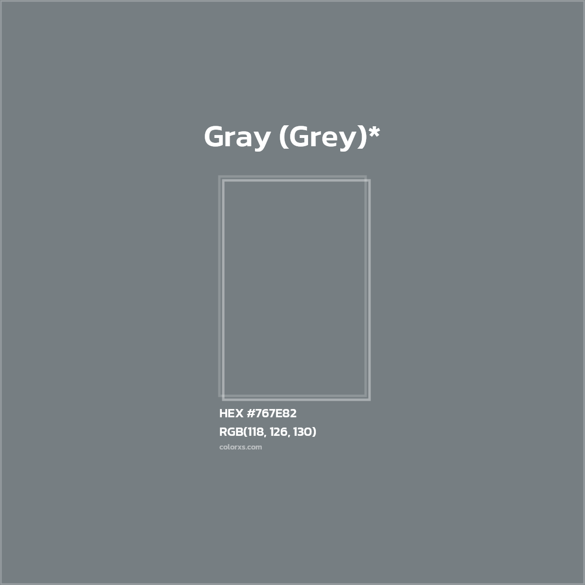 #767E82 hex color. RGB, RYB, CMYK, HSL, HSV codes and color conversions. Matching color names, palettes, paints.