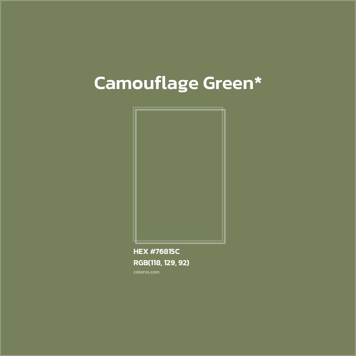 #76815C hex color. RGB, RYB, CMYK, HSL, HSV codes and color conversions. Matching color names, palettes, paints.