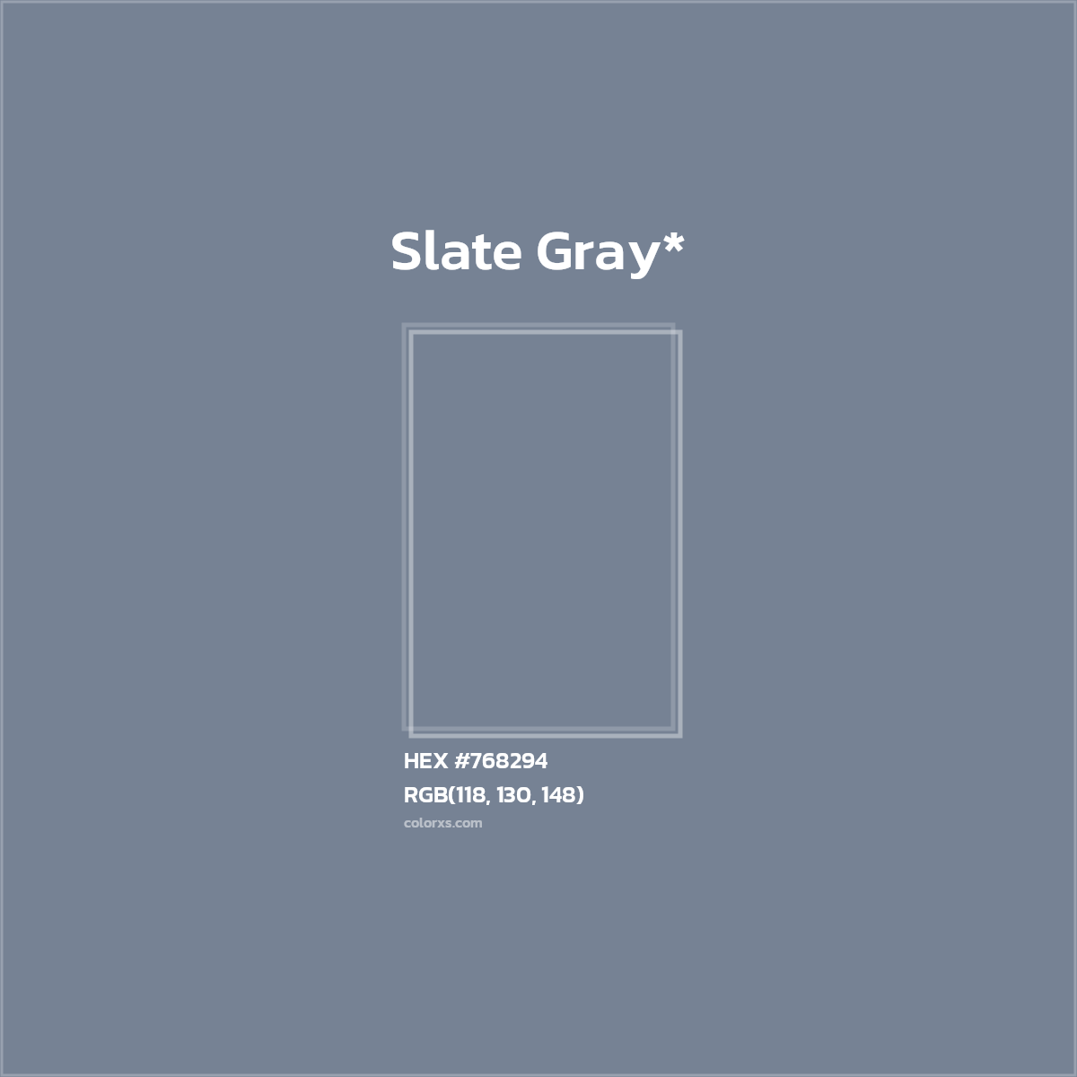 #768294 hex color. RGB, RYB, CMYK, HSL, HSV codes and color conversions. Matching color names, palettes, paints.
