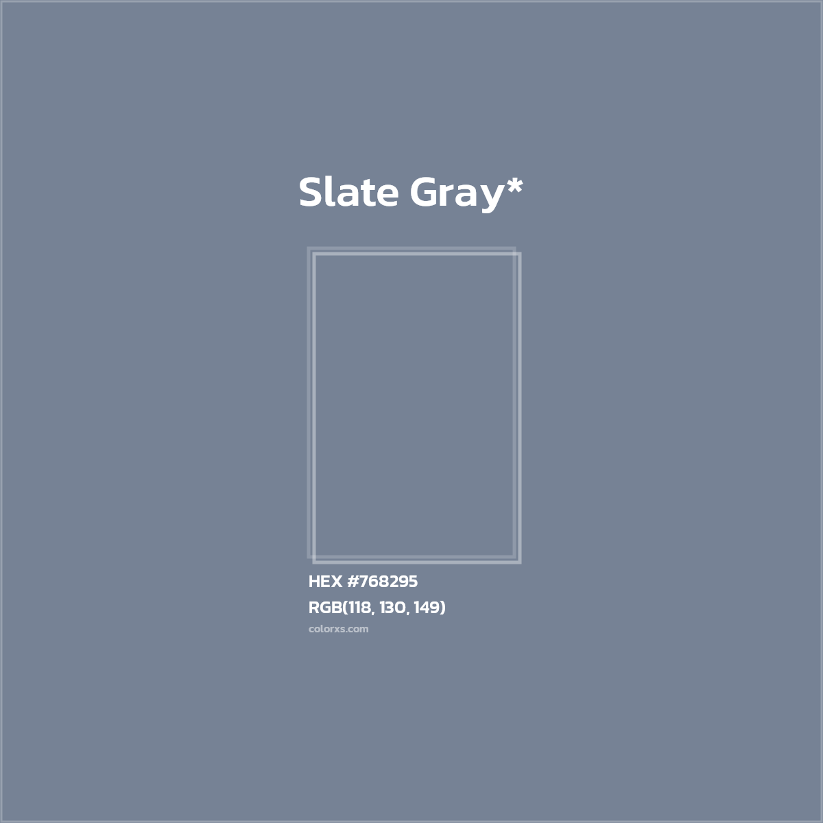 #768295 hex color. RGB, RYB, CMYK, HSL, HSV codes and color conversions. Matching color names, palettes, paints.