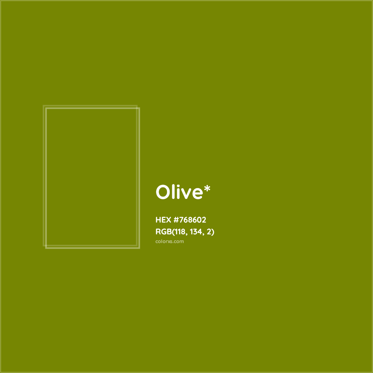 #768602 hex color. RGB, RYB, CMYK, HSL, HSV codes and color conversions. Matching color names, palettes, paints.