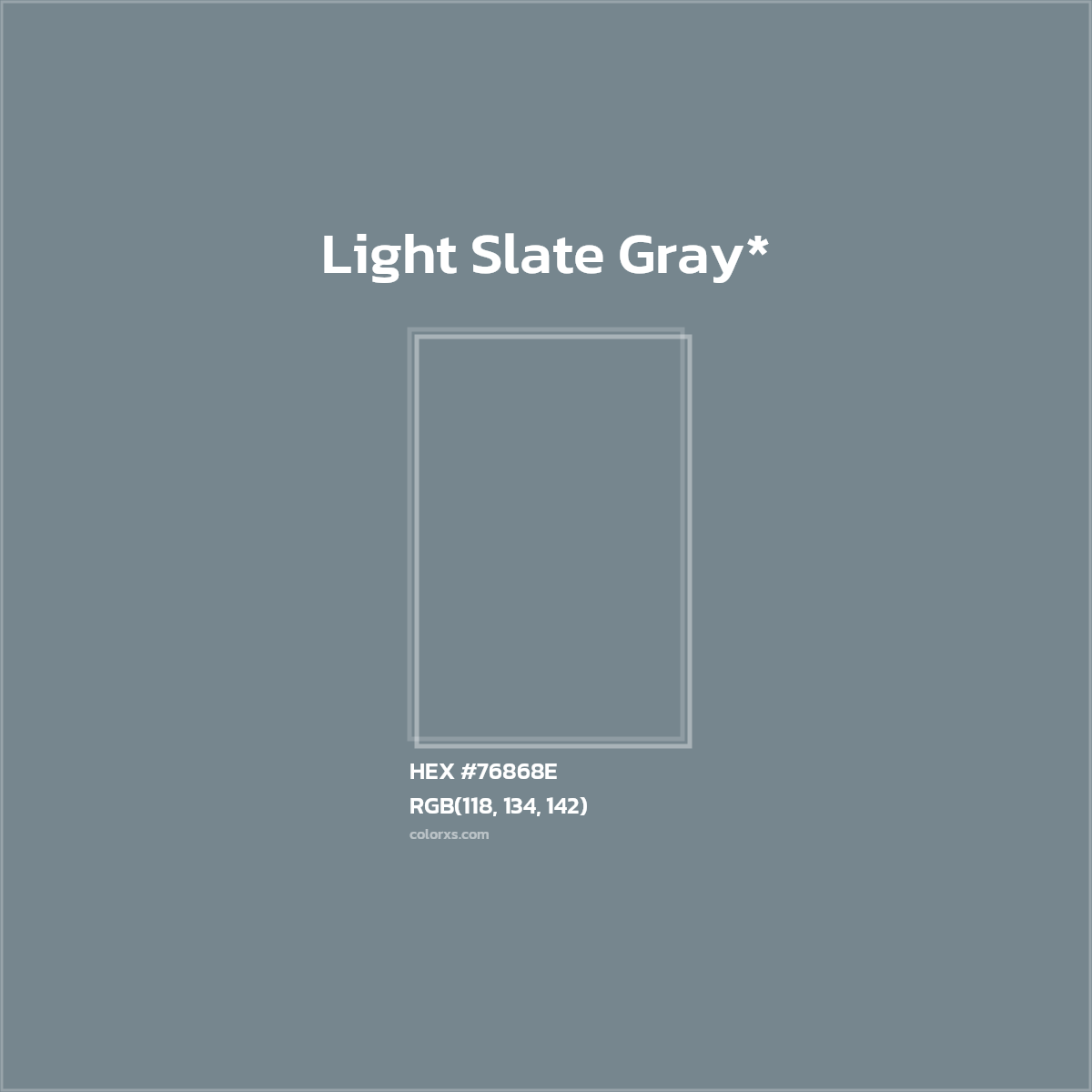 #76868E hex color. RGB, RYB, CMYK, HSL, HSV codes and color conversions. Matching color names, palettes, paints.
