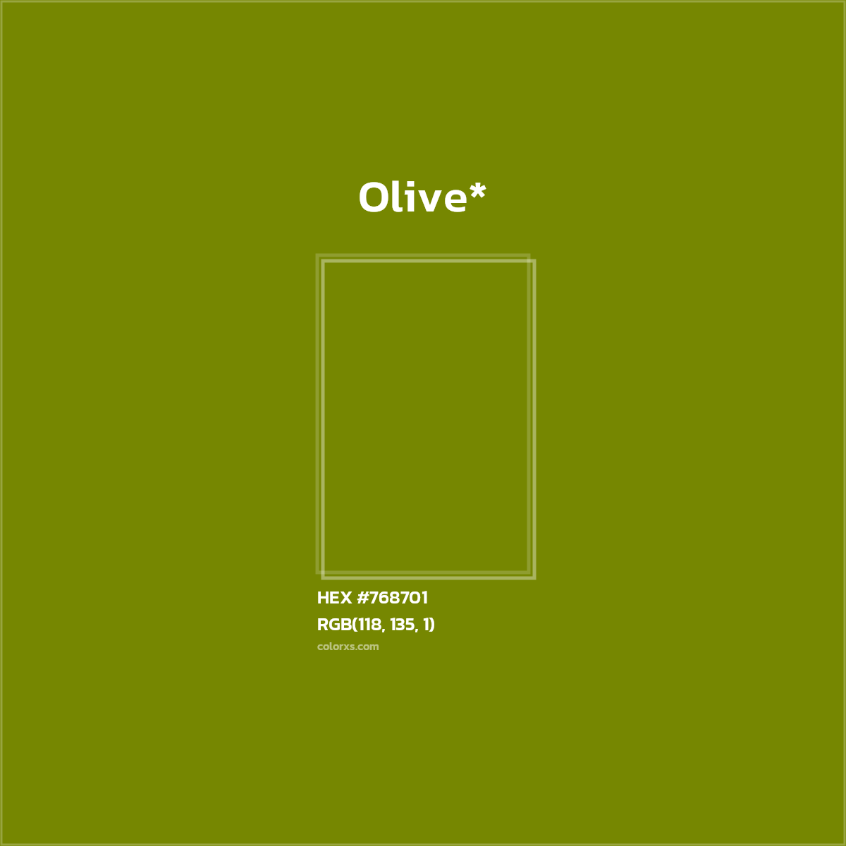 #768701 hex color. RGB, RYB, CMYK, HSL, HSV codes and color conversions. Matching color names, palettes, paints.