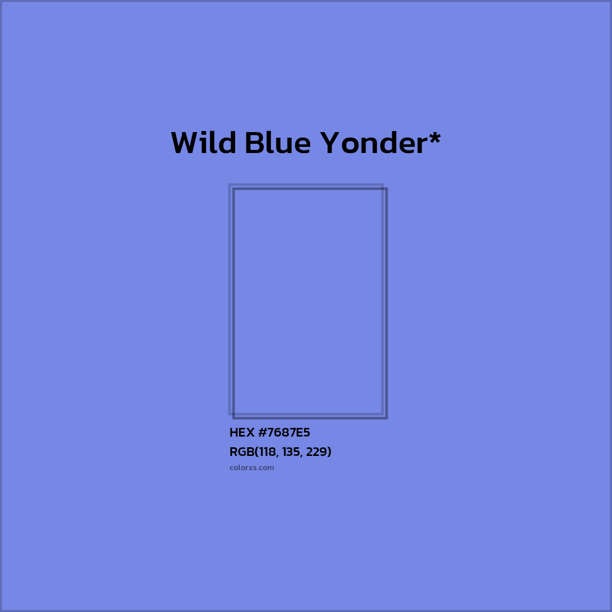 #7687E5 hex color. RGB, RYB, CMYK, HSL, HSV codes and color conversions. Matching color names, palettes, paints.