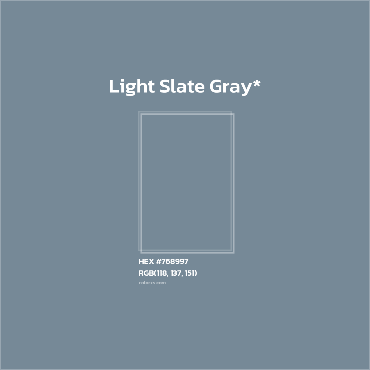 #768997 hex color. RGB, RYB, CMYK, HSL, HSV codes and color conversions. Matching color names, palettes, paints.