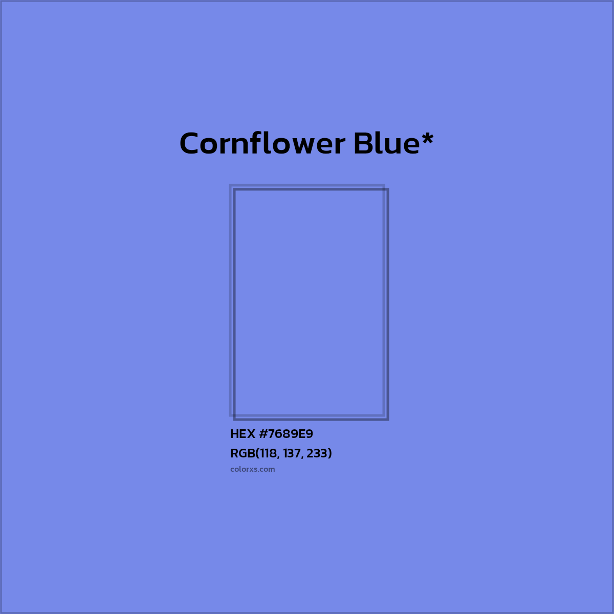 #7689E9 hex color. RGB, RYB, CMYK, HSL, HSV codes and color conversions. Matching color names, palettes, paints.