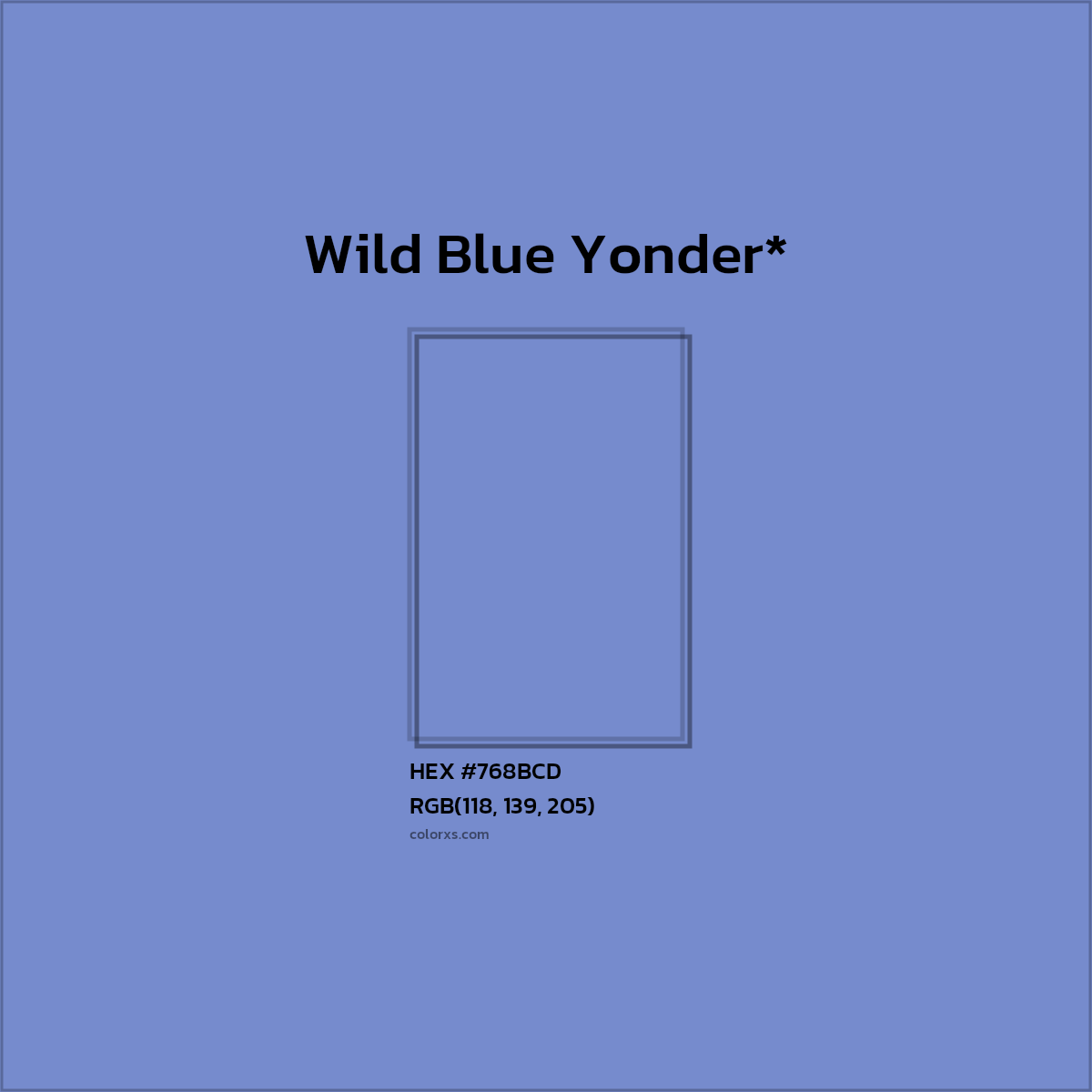 #768BCD hex color. RGB, RYB, CMYK, HSL, HSV codes and color conversions. Matching color names, palettes, paints.