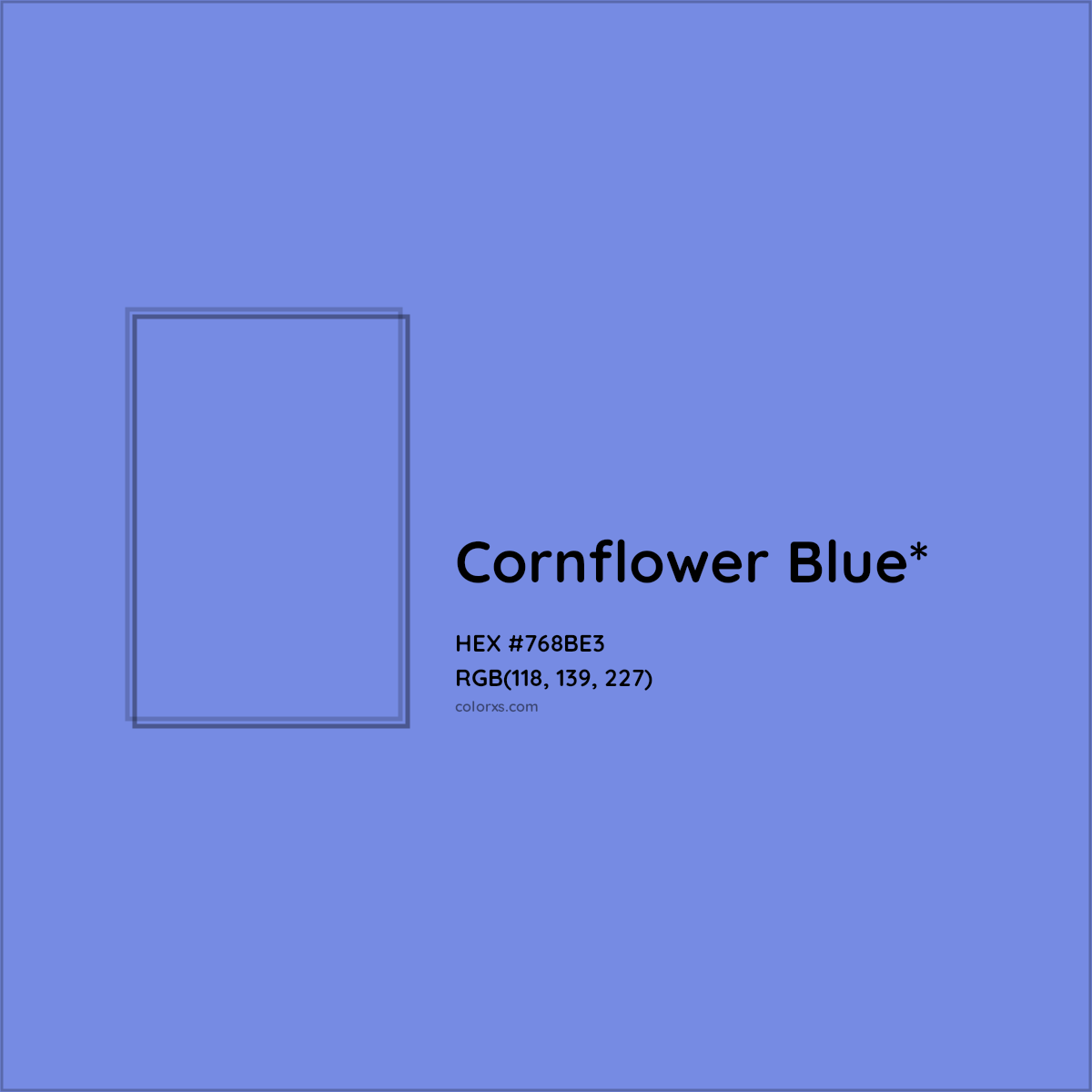 #768BE3 hex color. RGB, RYB, CMYK, HSL, HSV codes and color conversions. Matching color names, palettes, paints.