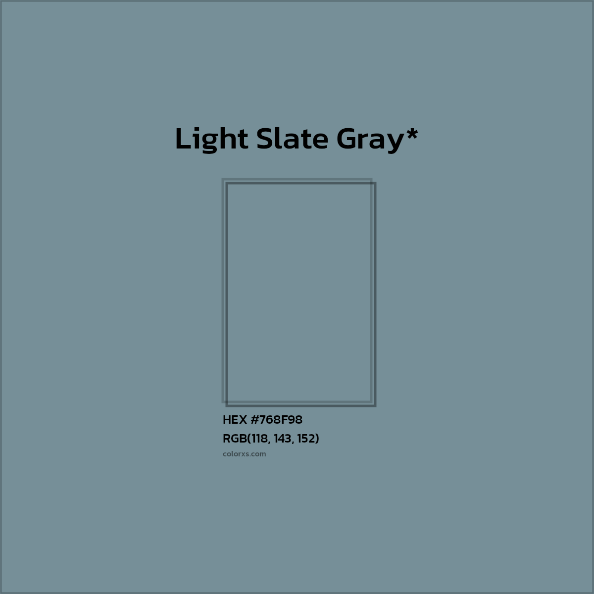 #768F98 hex color. RGB, RYB, CMYK, HSL, HSV codes and color conversions. Matching color names, palettes, paints.