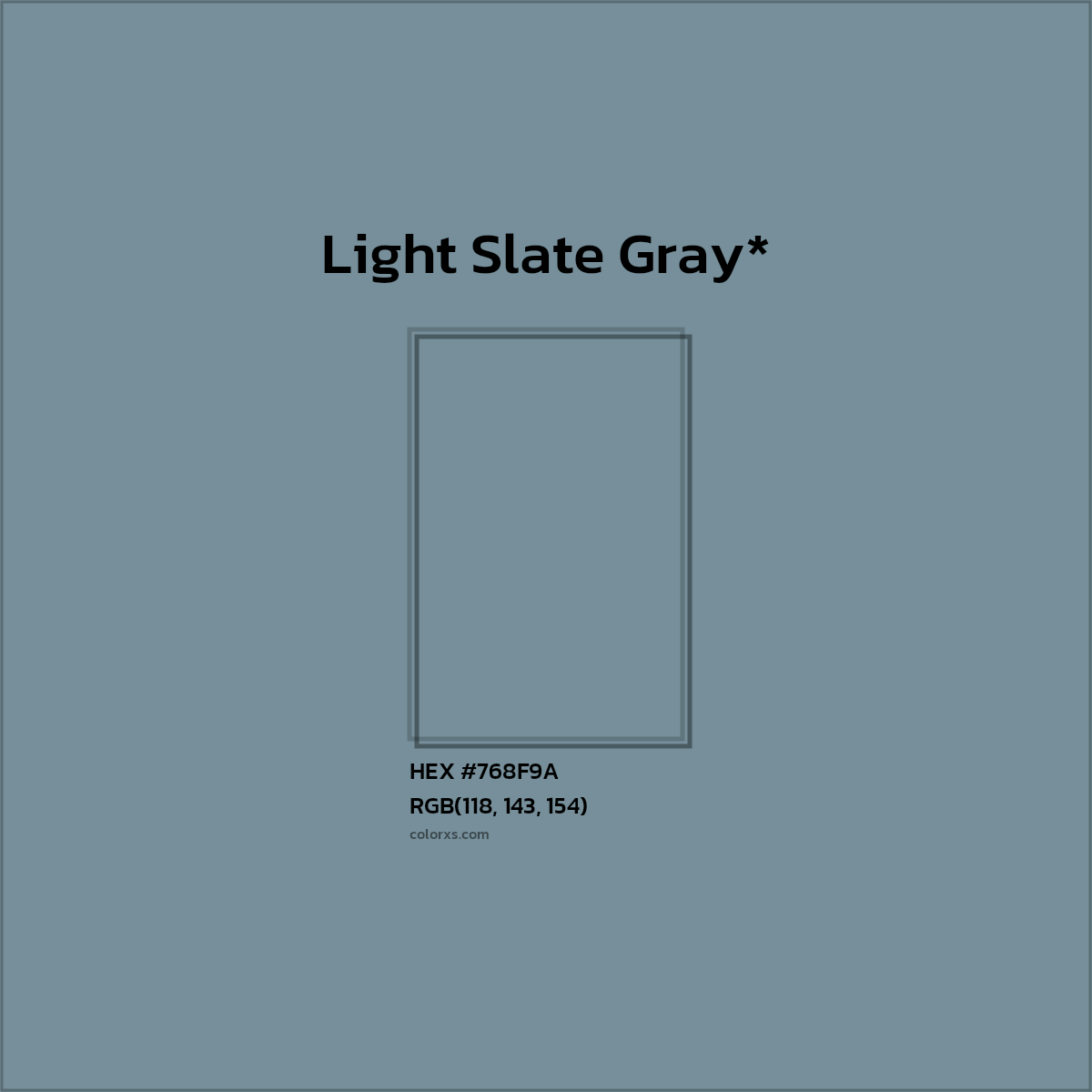 #768F9A hex color. RGB, RYB, CMYK, HSL, HSV codes and color conversions. Matching color names, palettes, paints.