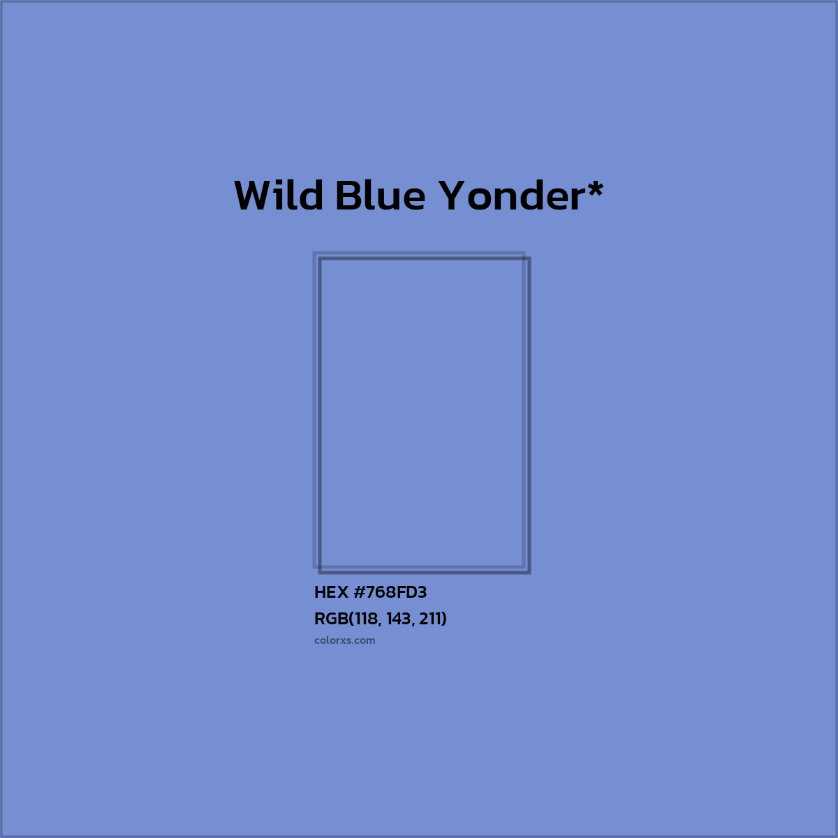 #768FD3 hex color. RGB, RYB, CMYK, HSL, HSV codes and color conversions. Matching color names, palettes, paints.