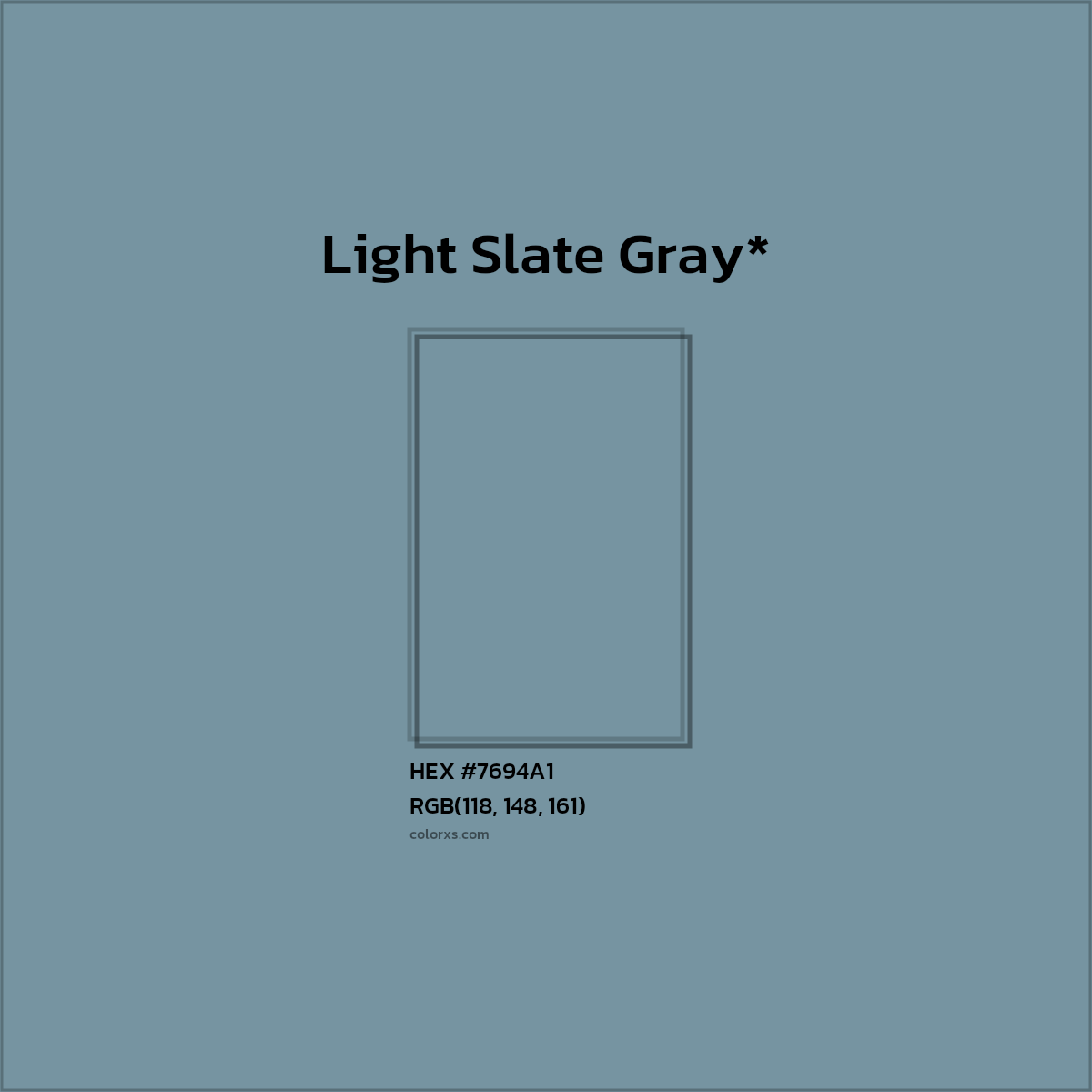 #7694A1 hex color. RGB, RYB, CMYK, HSL, HSV codes and color conversions. Matching color names, palettes, paints.