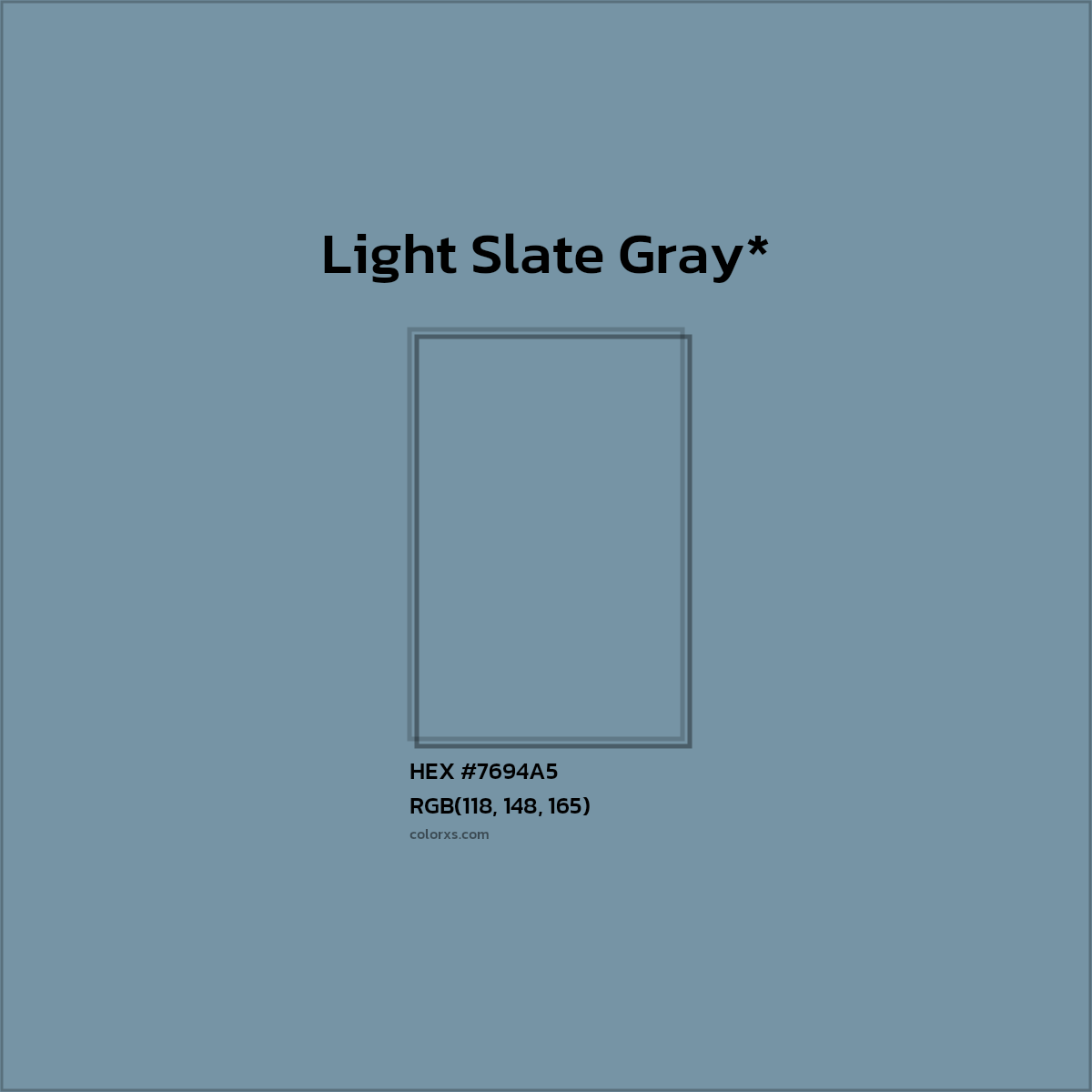#7694A5 hex color. RGB, RYB, CMYK, HSL, HSV codes and color conversions. Matching color names, palettes, paints.