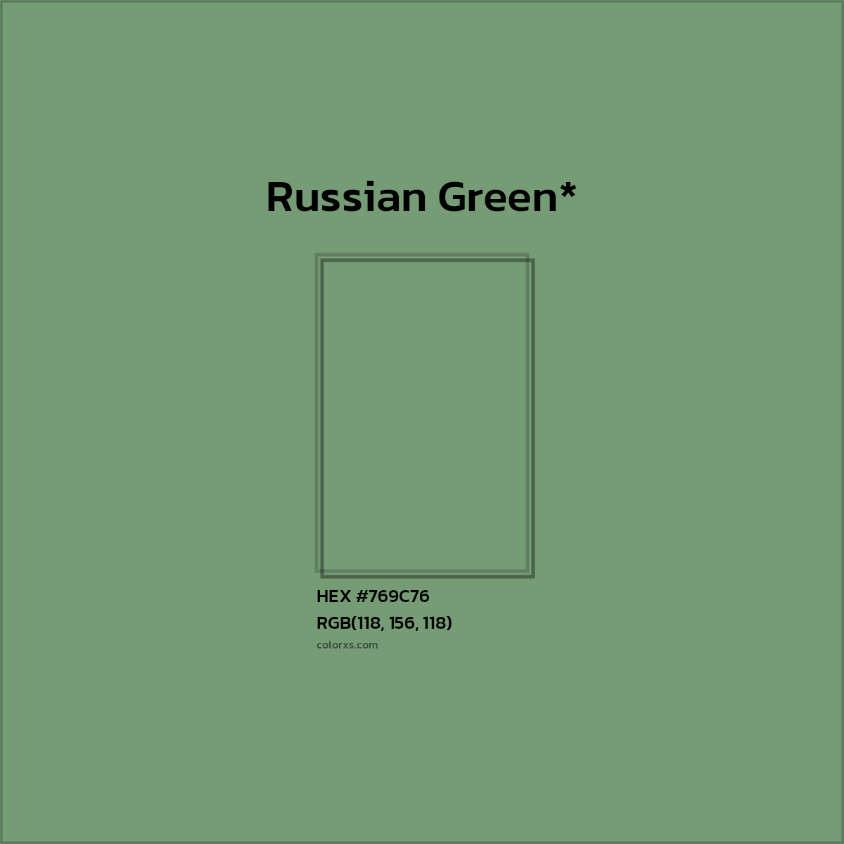 #769C76 hex color. RGB, RYB, CMYK, HSL, HSV codes and color conversions. Matching color names, palettes, paints.