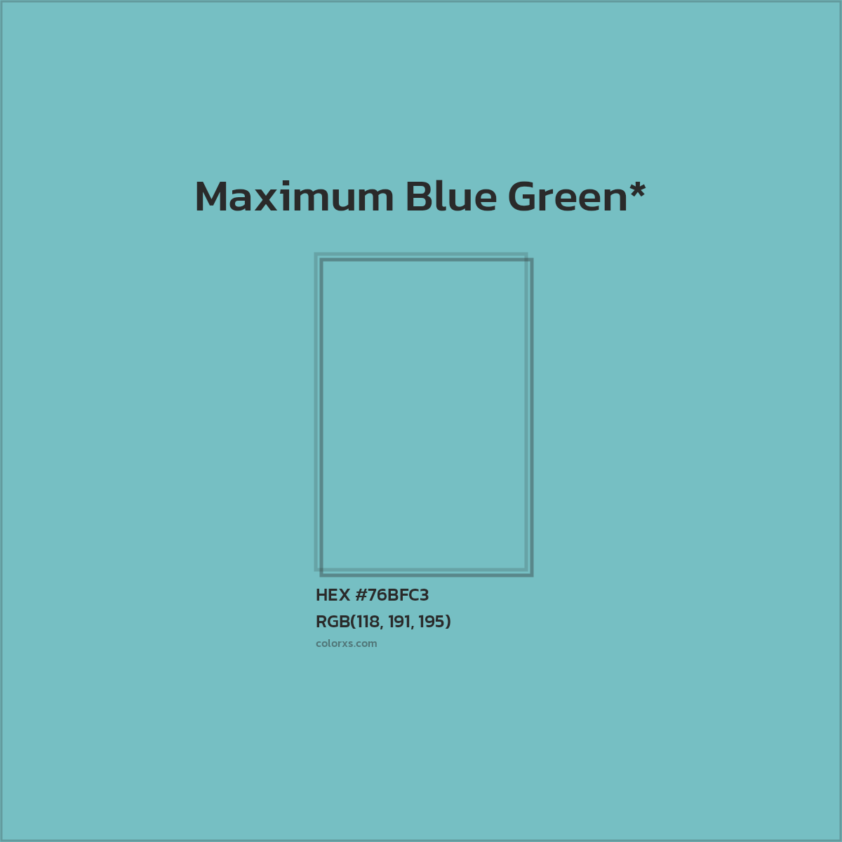 #76BFC3 hex color. RGB, RYB, CMYK, HSL, HSV codes and color conversions. Matching color names, palettes, paints.