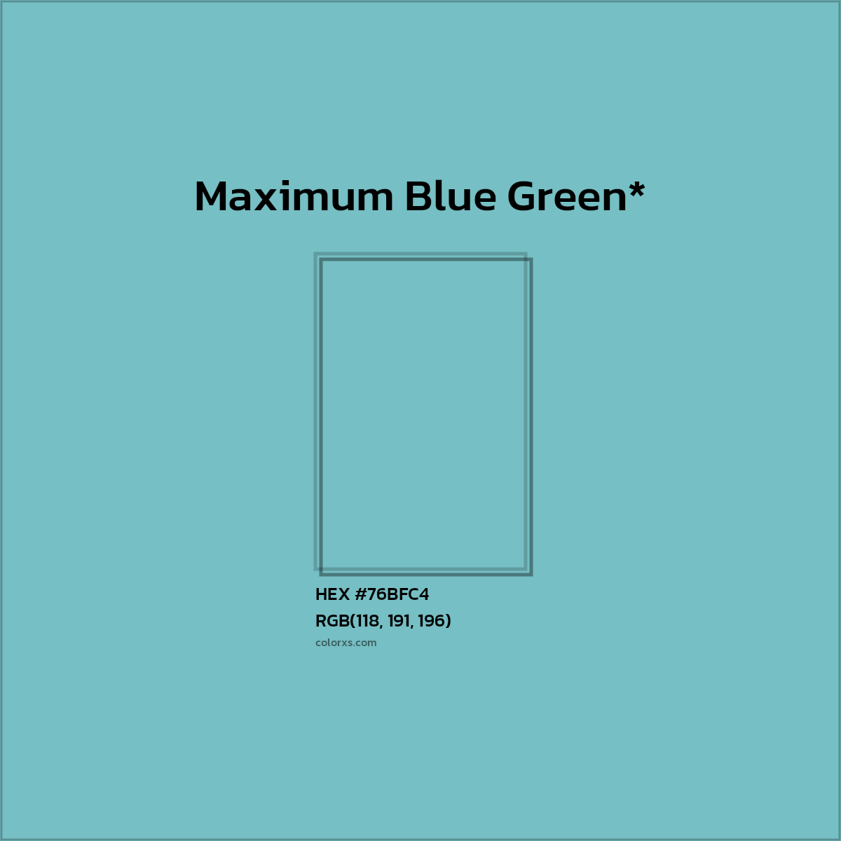 #76BFC4 hex color. RGB, RYB, CMYK, HSL, HSV codes and color conversions. Matching color names, palettes, paints.