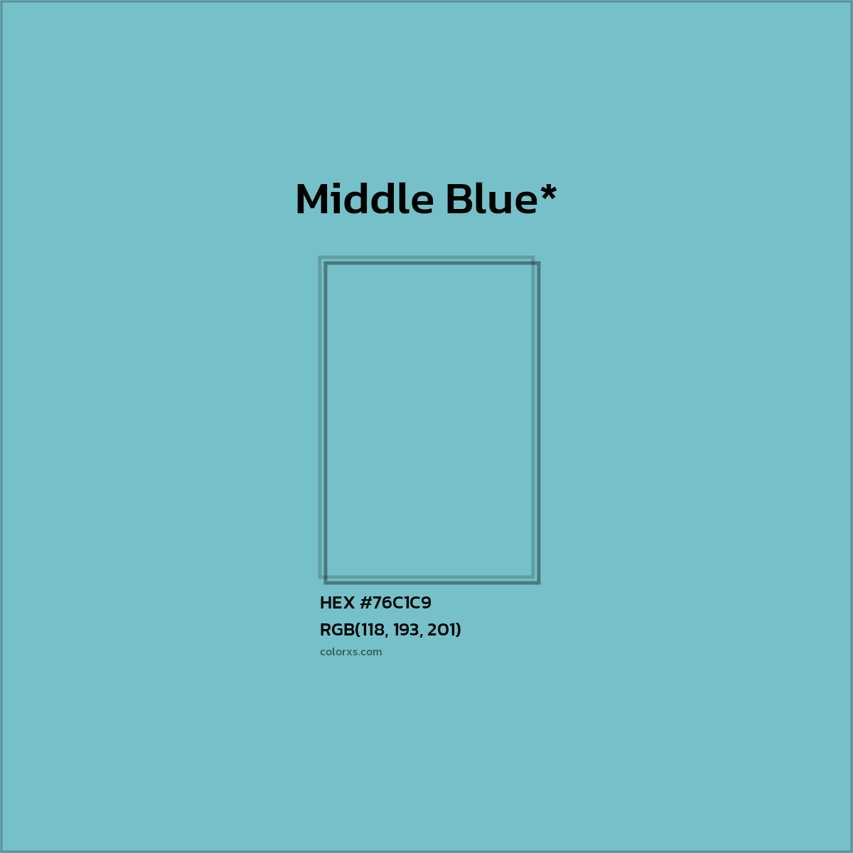 #76C1C9 hex color. RGB, RYB, CMYK, HSL, HSV codes and color conversions. Matching color names, palettes, paints.