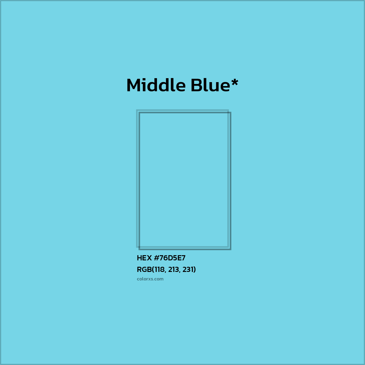 #76D5E7 hex color. RGB, RYB, CMYK, HSL, HSV codes and color conversions. Matching color names, palettes, paints.
