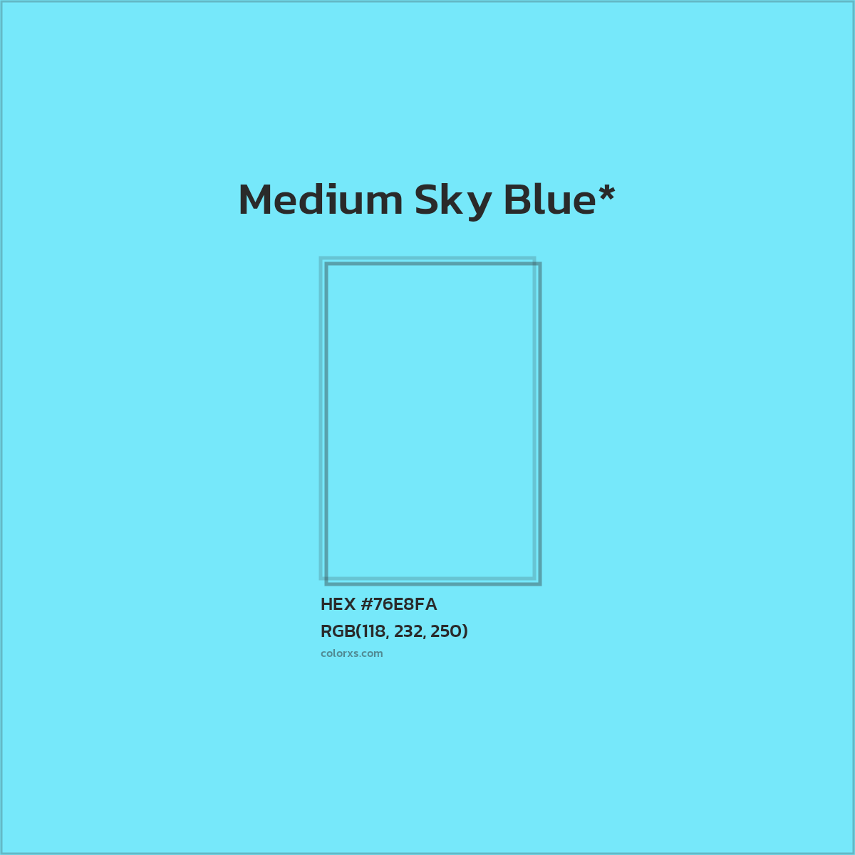 #76E8FA hex color. RGB, RYB, CMYK, HSL, HSV codes and color conversions. Matching color names, palettes, paints.