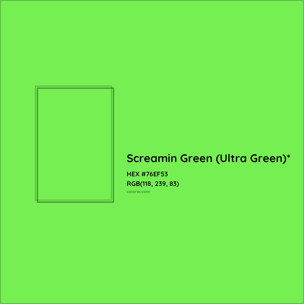 #76EF53 hex color. RGB, RYB, CMYK, HSL, HSV codes and color conversions. Matching color names, palettes, paints.