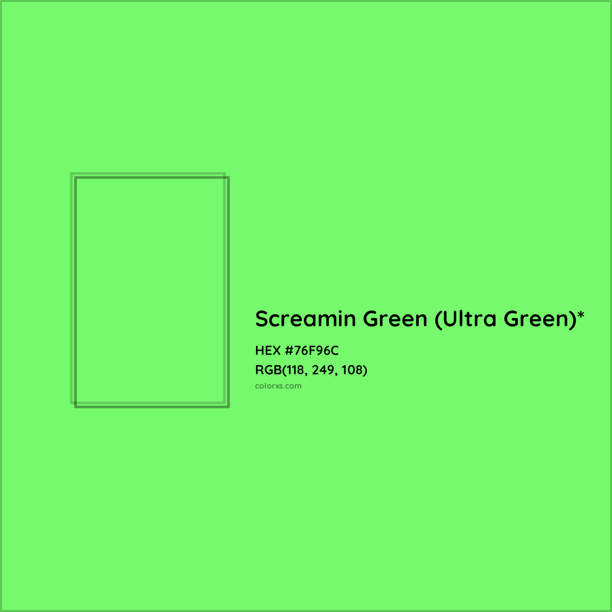 #76F96C hex color. RGB, RYB, CMYK, HSL, HSV codes and color conversions. Matching color names, palettes, paints.