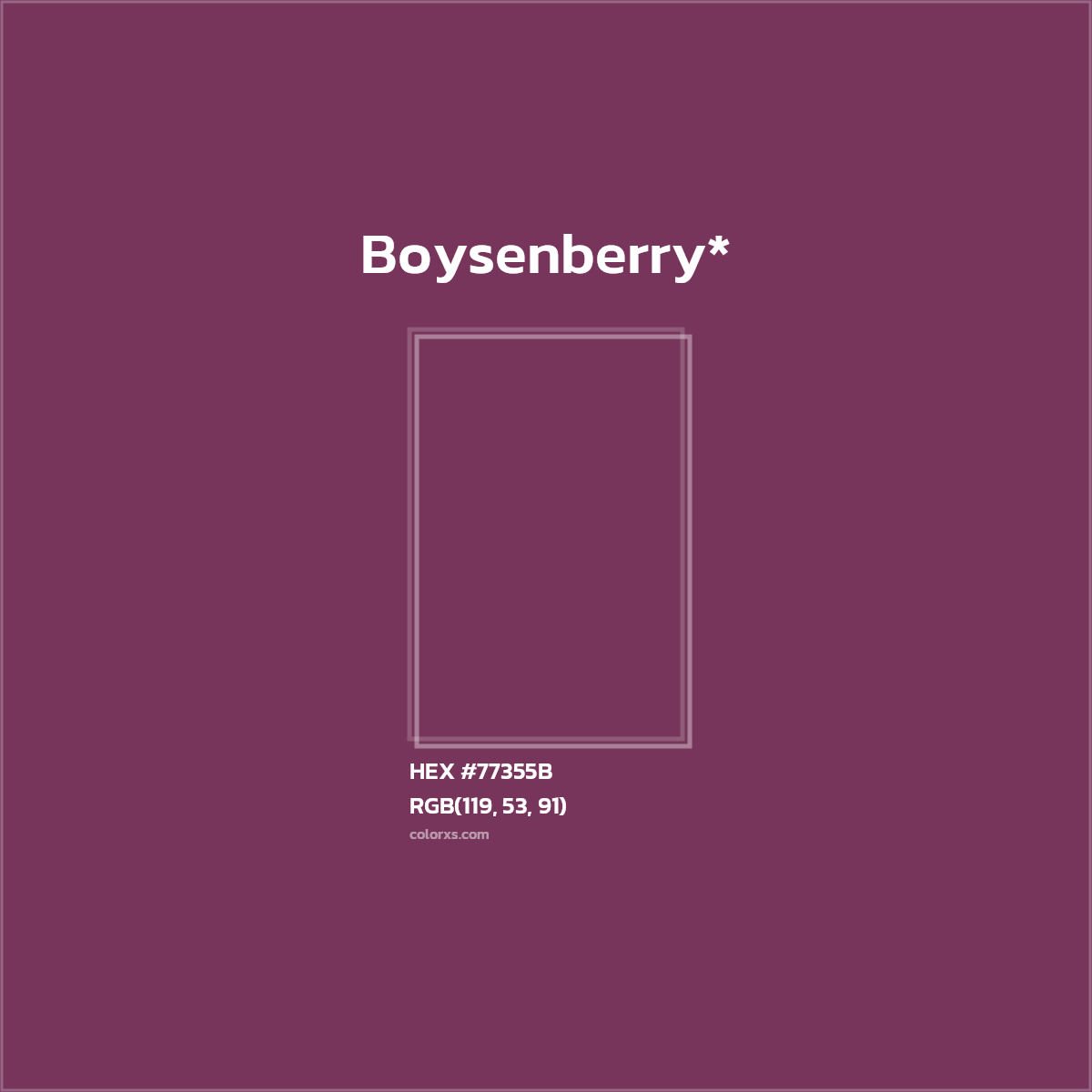 #77355B hex color. RGB, RYB, CMYK, HSL, HSV codes and color conversions. Matching color names, palettes, paints.