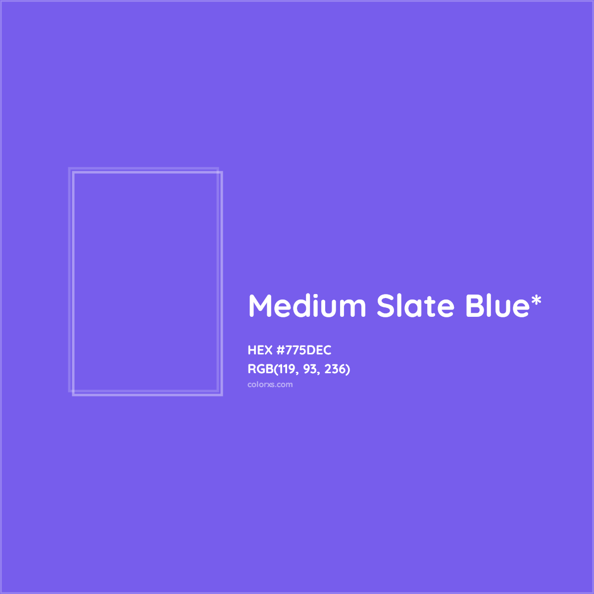 #775DEC hex color. RGB, RYB, CMYK, HSL, HSV codes and color conversions. Matching color names, palettes, paints.