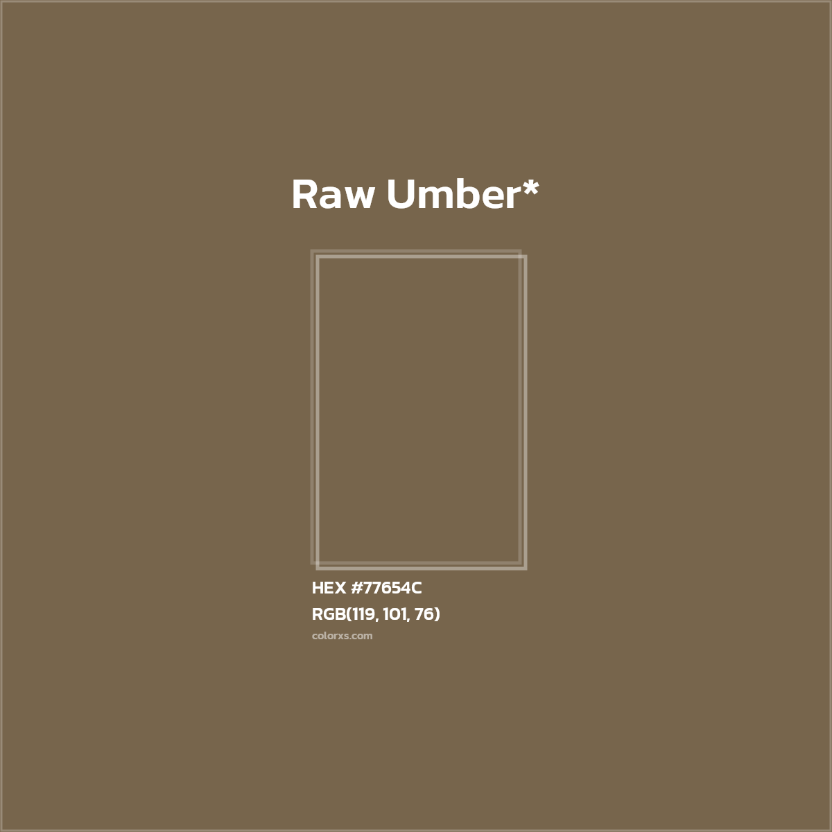 #77654C hex color. RGB, RYB, CMYK, HSL, HSV codes and color conversions. Matching color names, palettes, paints.