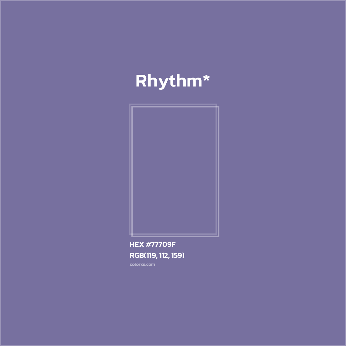 #77709F hex color. RGB, RYB, CMYK, HSL, HSV codes and color conversions. Matching color names, palettes, paints.