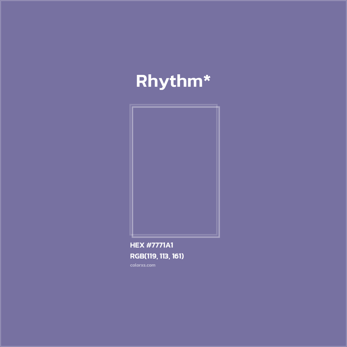 #7771A1 hex color. RGB, RYB, CMYK, HSL, HSV codes and color conversions. Matching color names, palettes, paints.