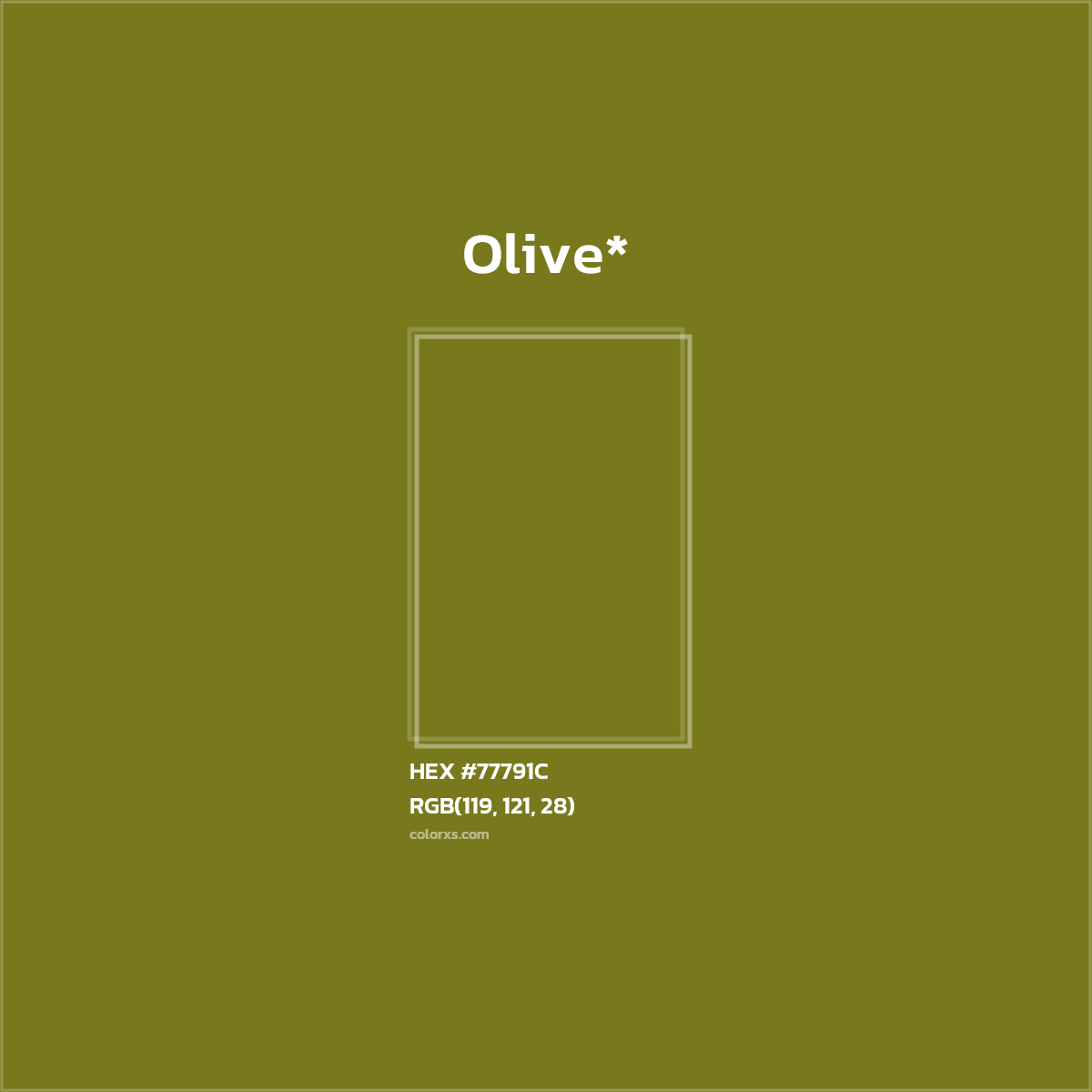 #77791C hex color. RGB, RYB, CMYK, HSL, HSV codes and color conversions. Matching color names, palettes, paints.