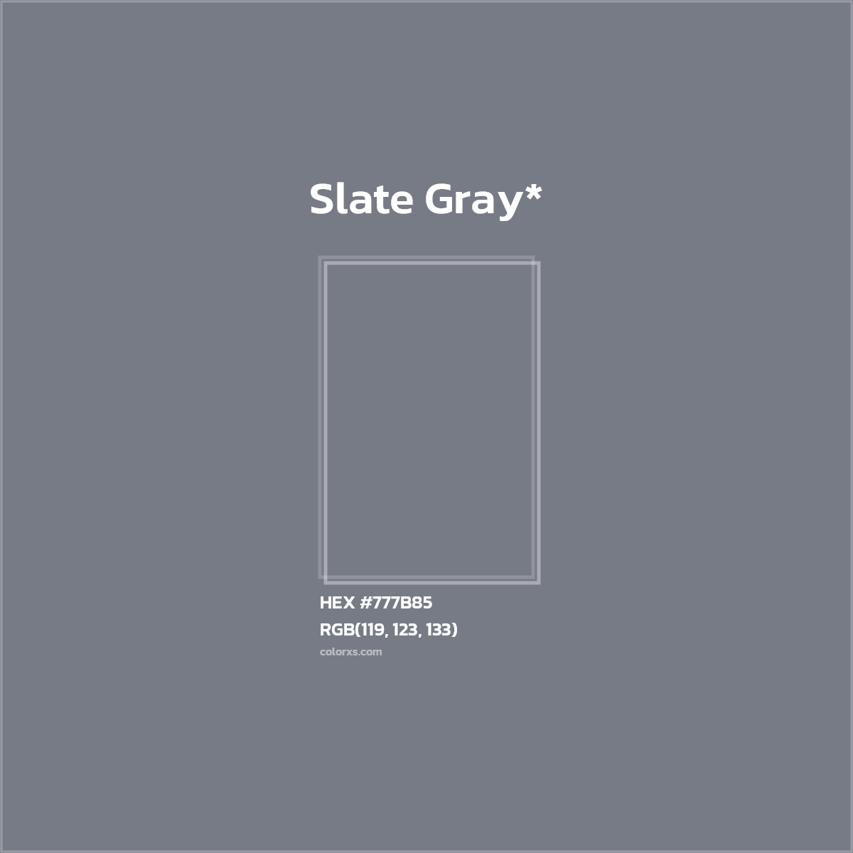 #777B85 hex color. RGB, RYB, CMYK, HSL, HSV codes and color conversions. Matching color names, palettes, paints.