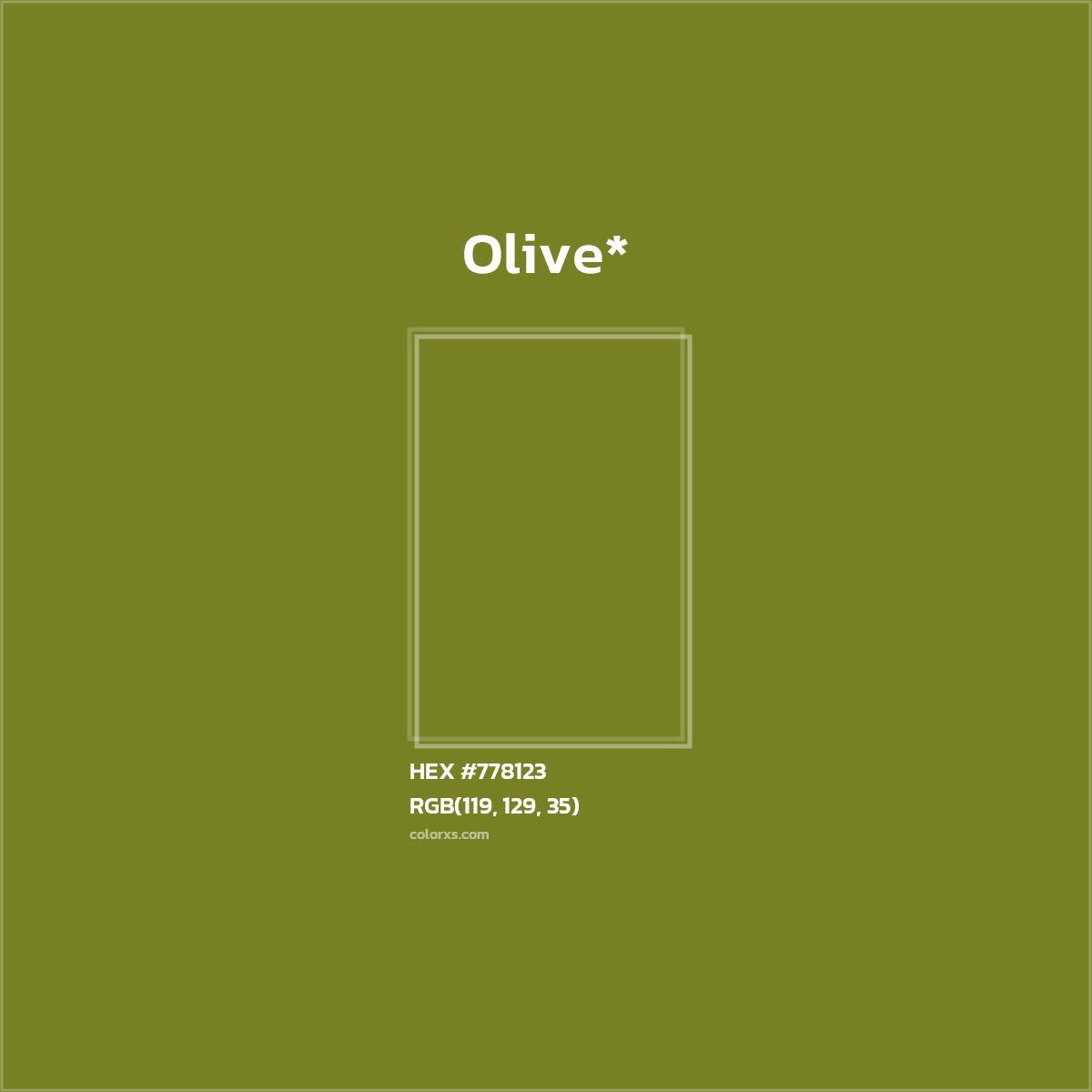 #778123 hex color. RGB, RYB, CMYK, HSL, HSV codes and color conversions. Matching color names, palettes, paints.