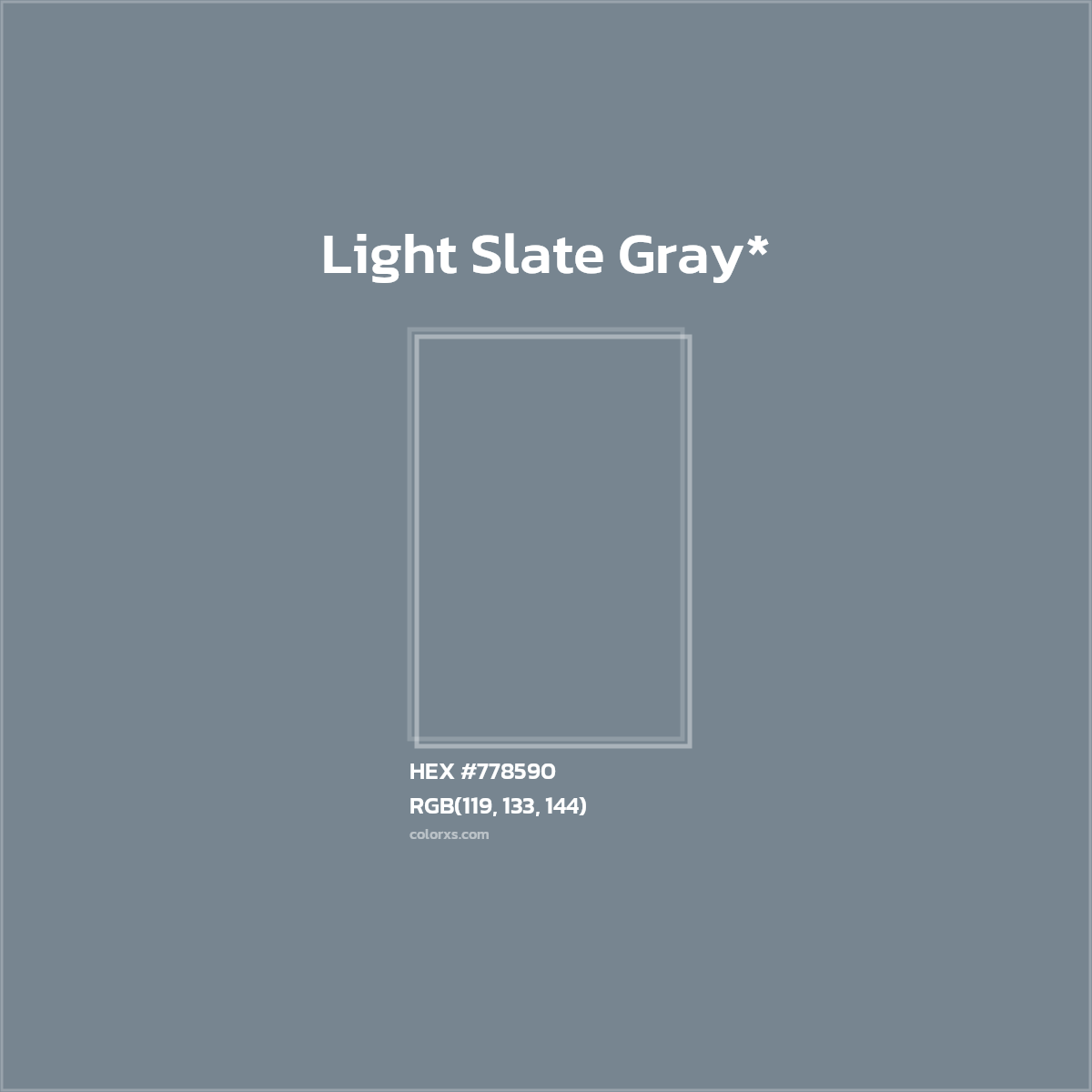 #778590 hex color. RGB, RYB, CMYK, HSL, HSV codes and color conversions. Matching color names, palettes, paints.