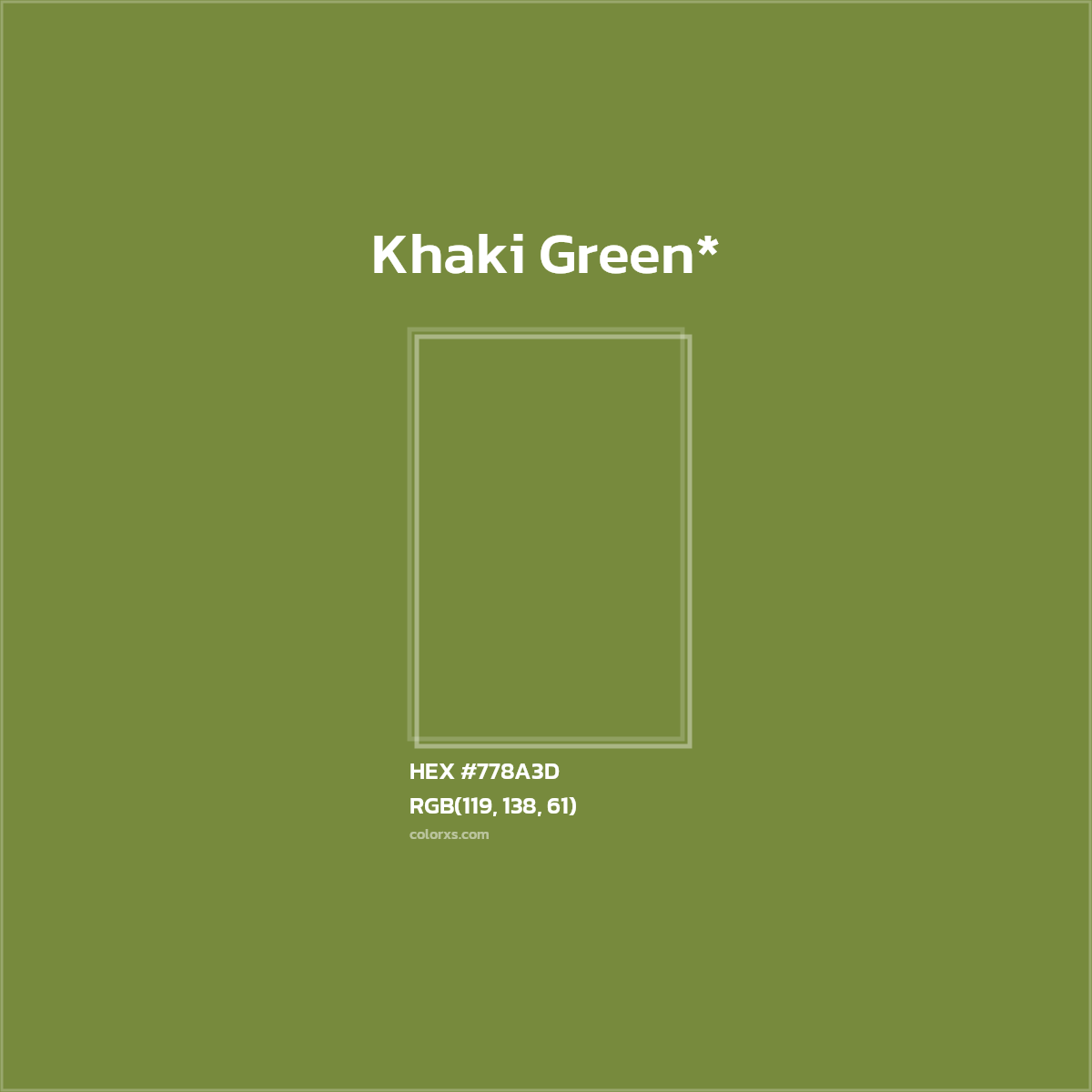 #778A3D hex color. RGB, RYB, CMYK, HSL, HSV codes and color conversions. Matching color names, palettes, paints.