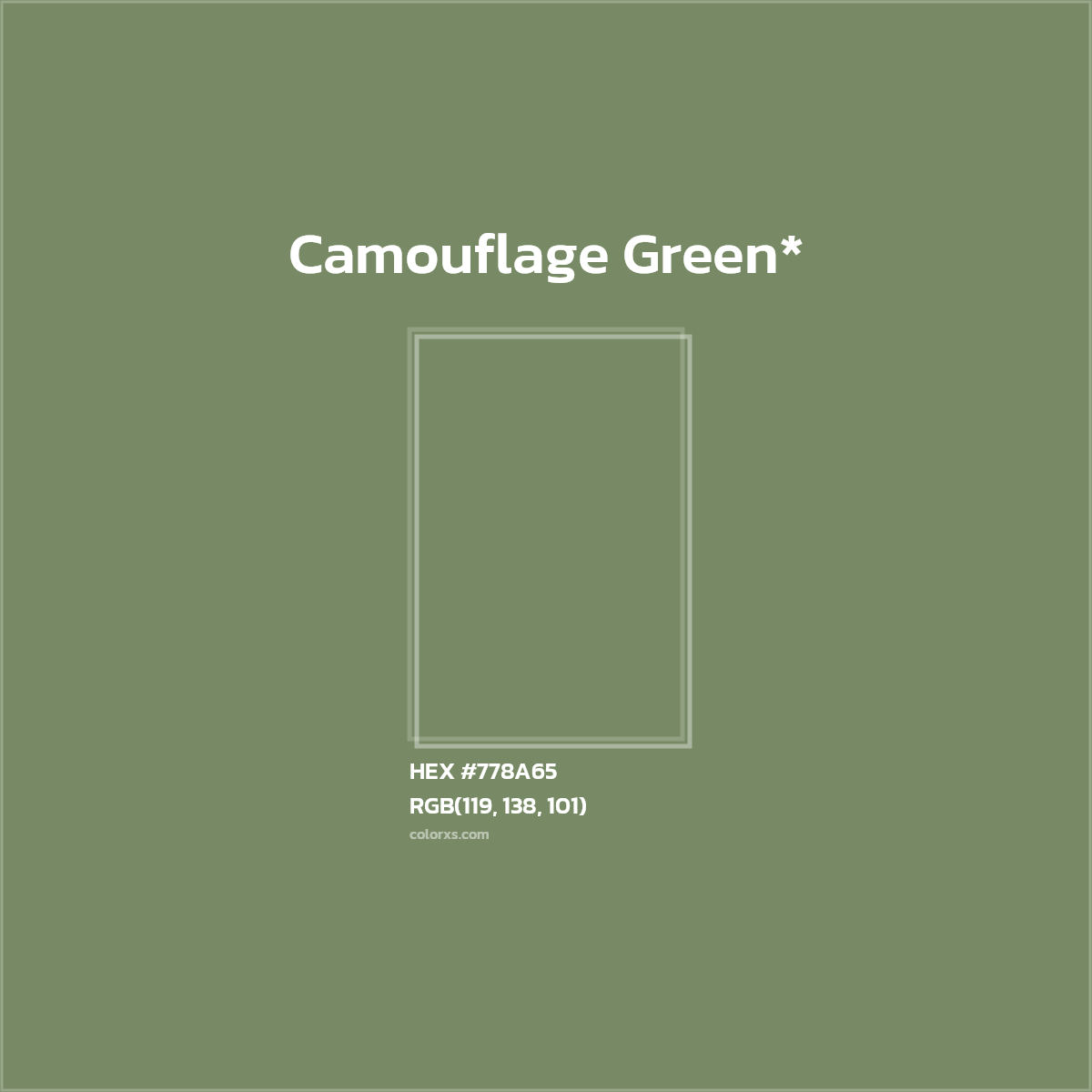 #778A65 hex color. RGB, RYB, CMYK, HSL, HSV codes and color conversions. Matching color names, palettes, paints.