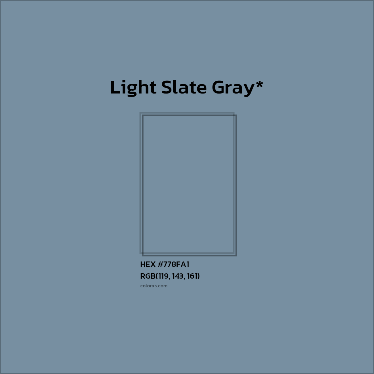 #778FA1 hex color. RGB, RYB, CMYK, HSL, HSV codes and color conversions. Matching color names, palettes, paints.